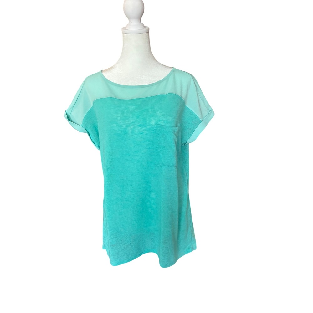Calvin Klein Jeans Womens Large Aqua Mint Mixed Media Sheer Panel Pocket Top